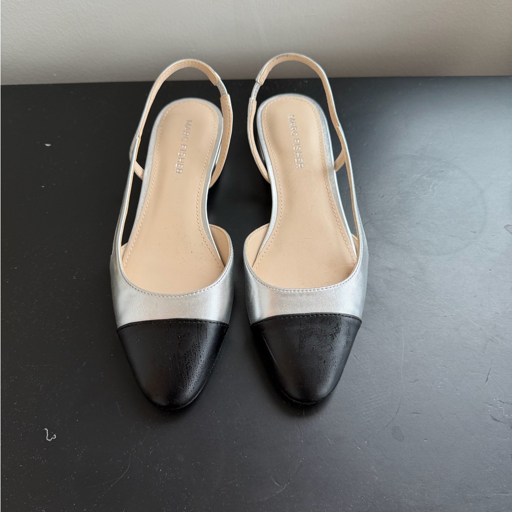 Marc Fisher Silver and Black Slingback Flats
